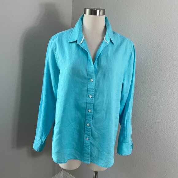 Tommy Bahama Womens Large Turquoise 100% Linen Button Up Shirt Blouse Top - Picture 1 of 11